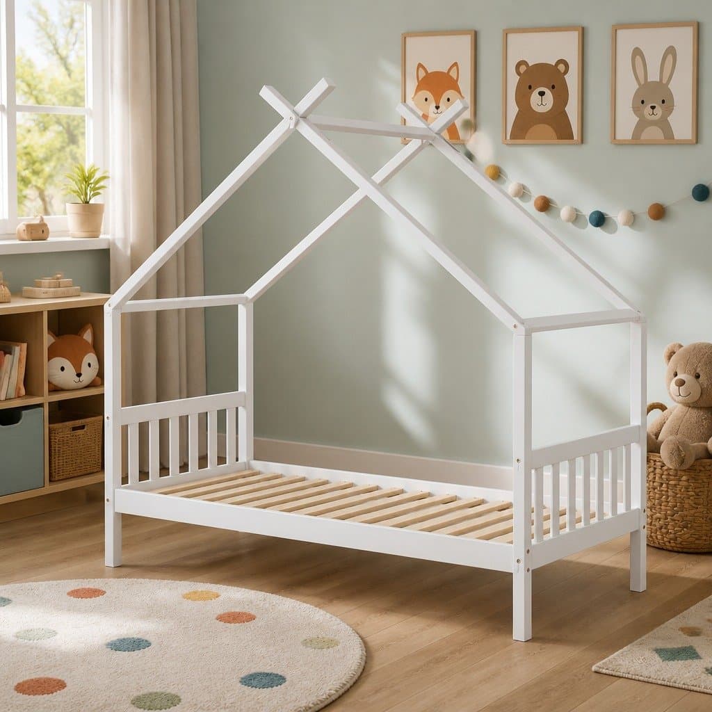 Kids Single House Bed Frame Wooden Base Timber Playhouse White Bedroom Furniture