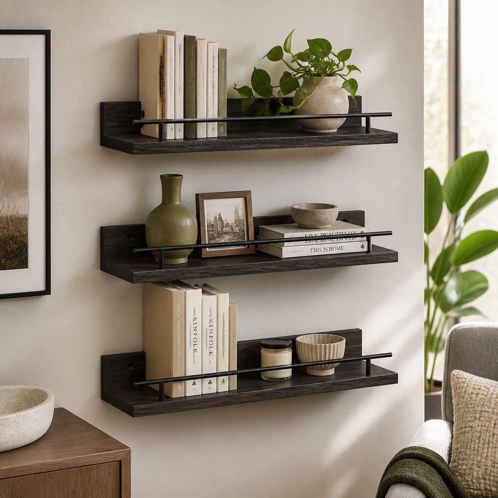 Set of 3 Wall Mounted Floating Shelves with Guard Rail