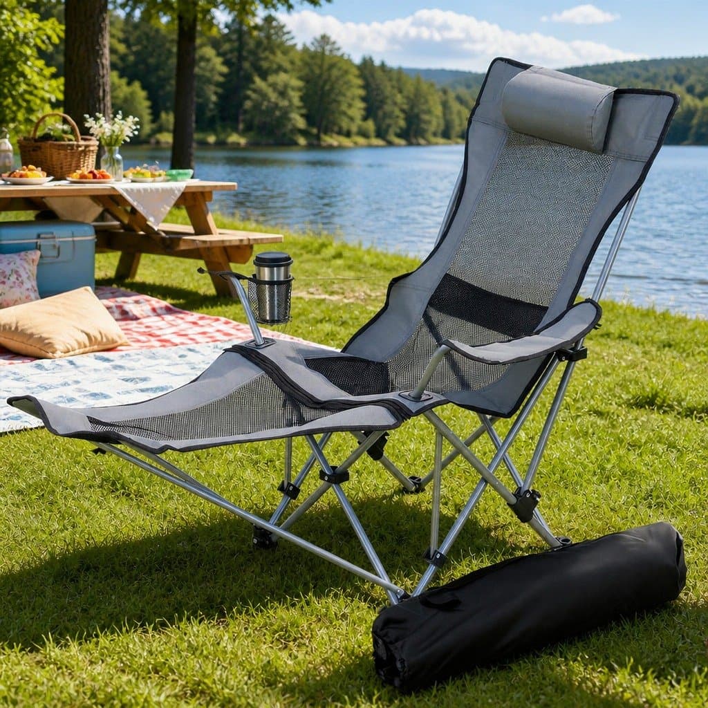 Portable Grey Camping Chair with Adjustable Recline