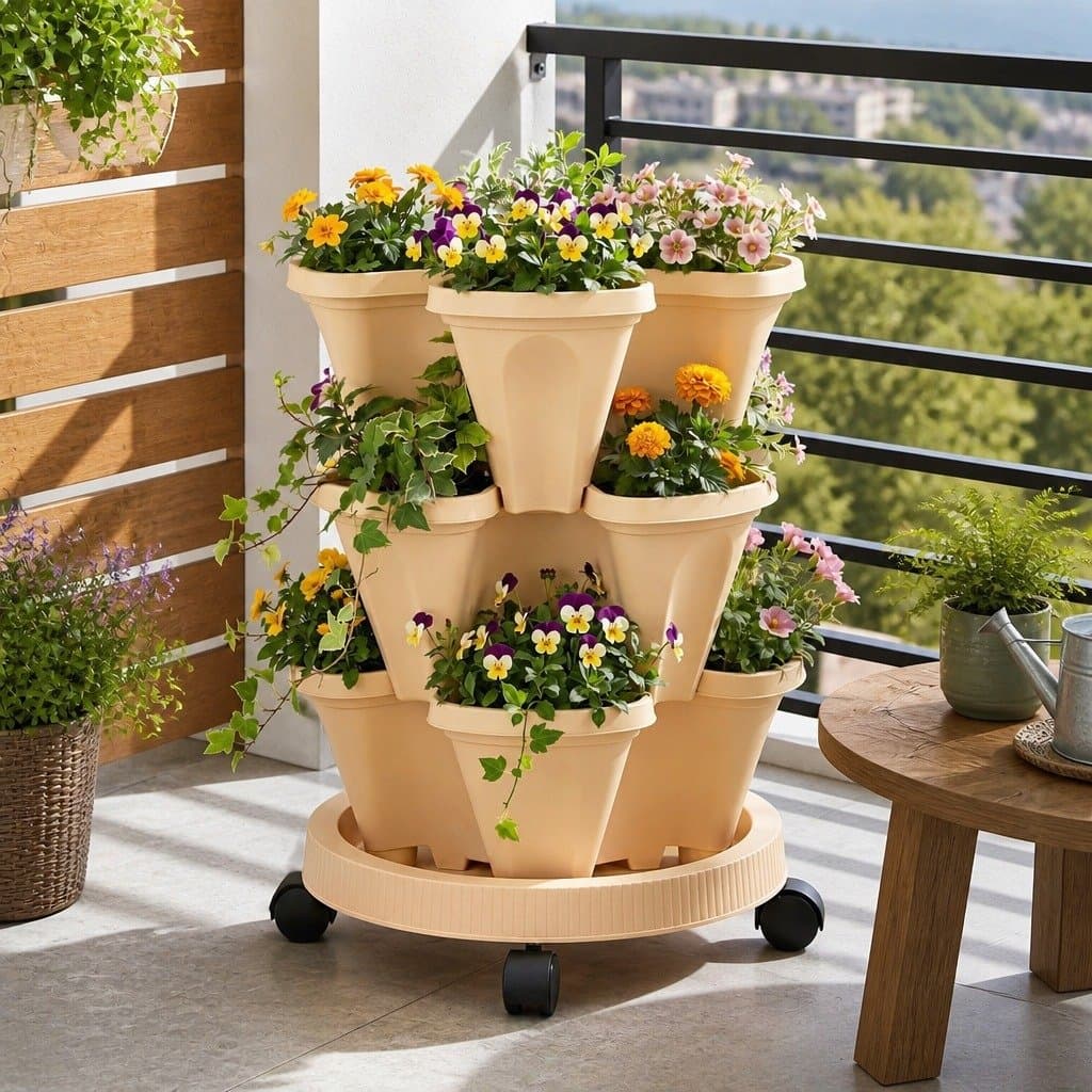 Beige 3 Tier Vertical Planter Tower with Wheels for Garden