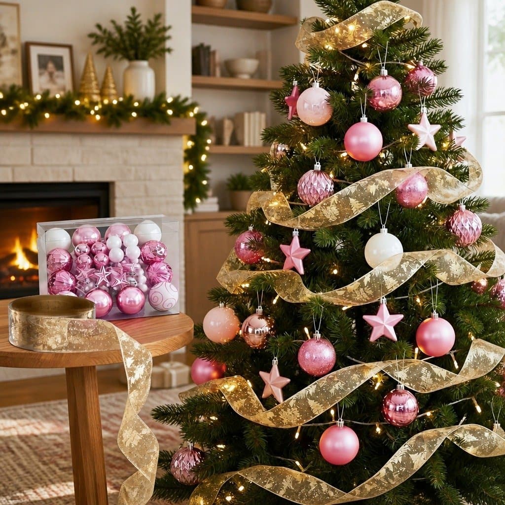 34pcs Christmas Tree Decoration Set in Gold, Pink, White