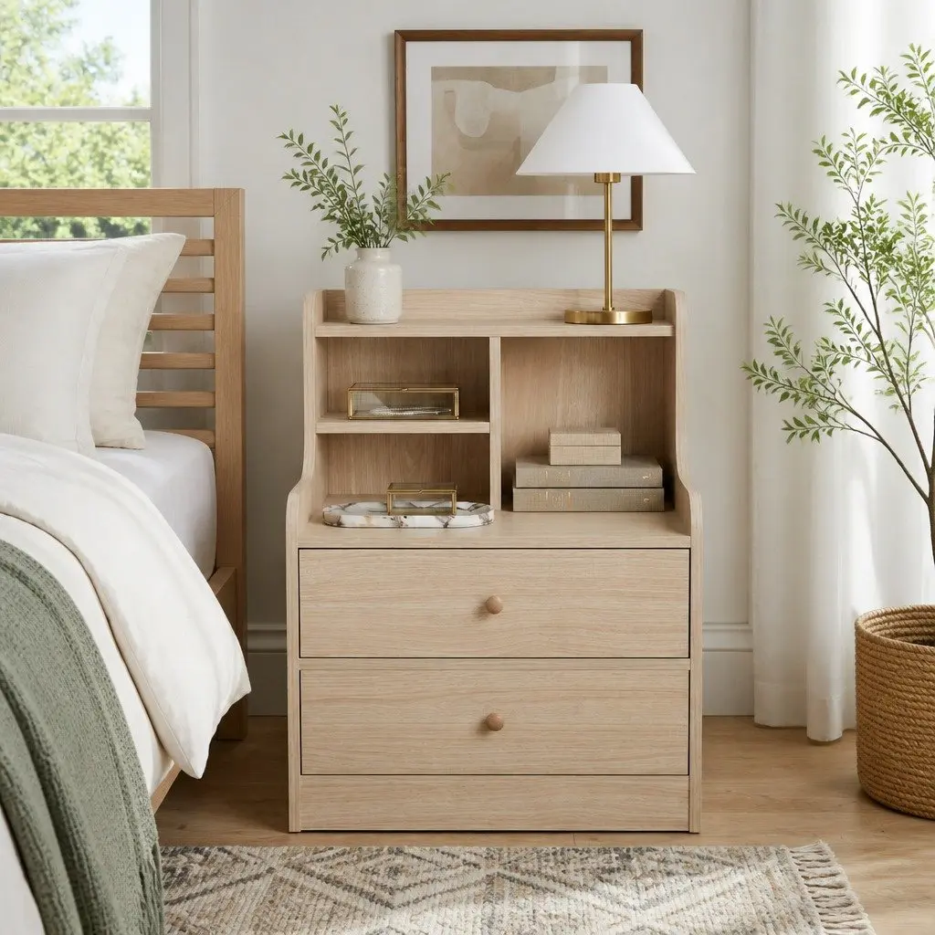 Scandinavian Bedside Table with 2 Drawers and Open Storage 67cm Light Wood