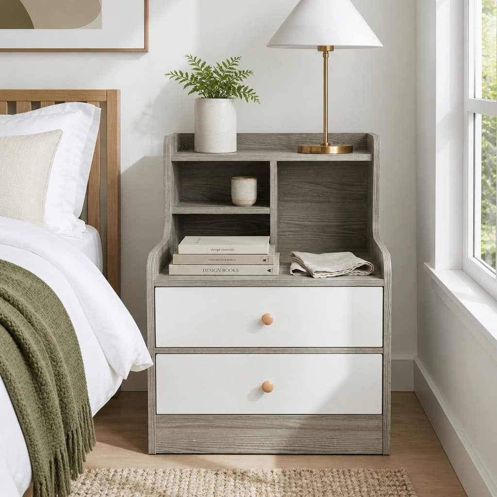 Bedside Table Nightstand Curved Design Wood Grain Light Gray White Fronts Drawer