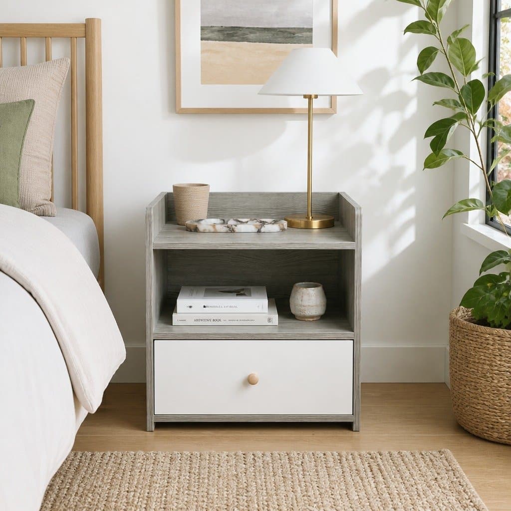 Light Gray Wood Grain Bedside Table with Storage Drawer