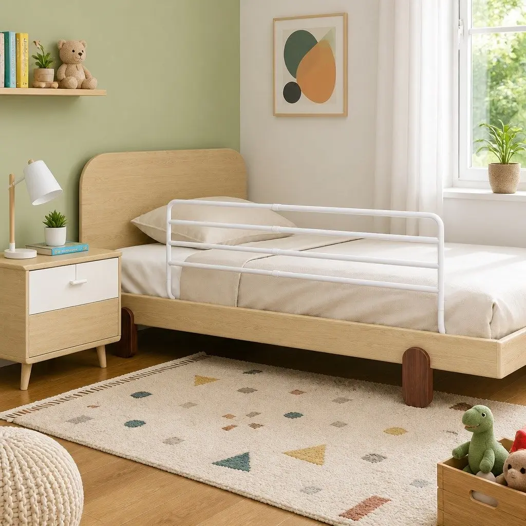 Adjustable Toddler Bed Rail in White with Iron Construction