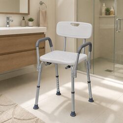 Shower Chair Adjustable Height White Mobility Support Elderly Bathing Seat