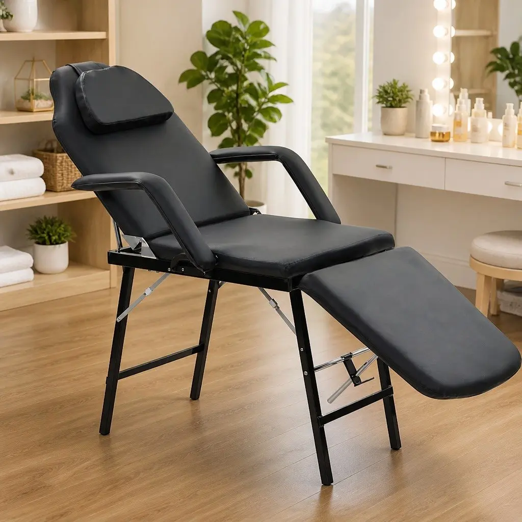 Portable Facial Treatment Chair Black Massage Bed Salon Home Reclining Footrest