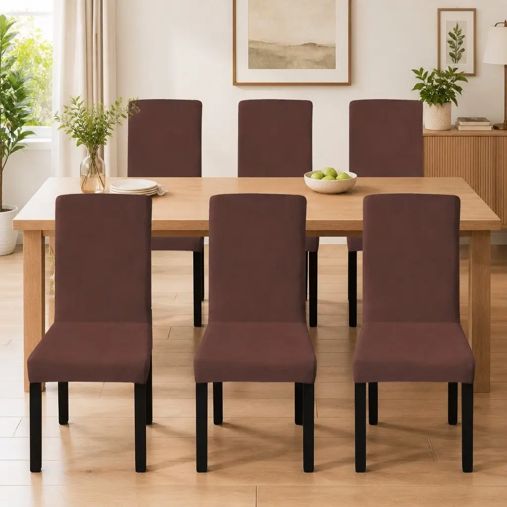 Chair Cover Stretchable Fabric Brown 6 Pieces Soft Wrinkle Resistant