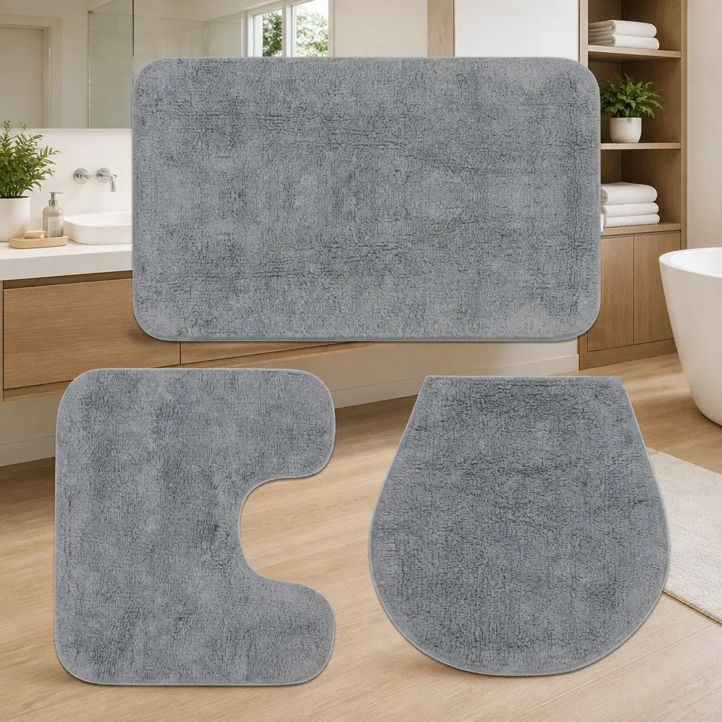 Bathroom Mat Set Cotton 3 Pieces Grey
