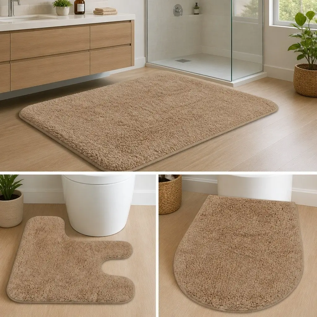Bathroom Mat Set Cotton 3 Pieces Beige Non-Slip Floor