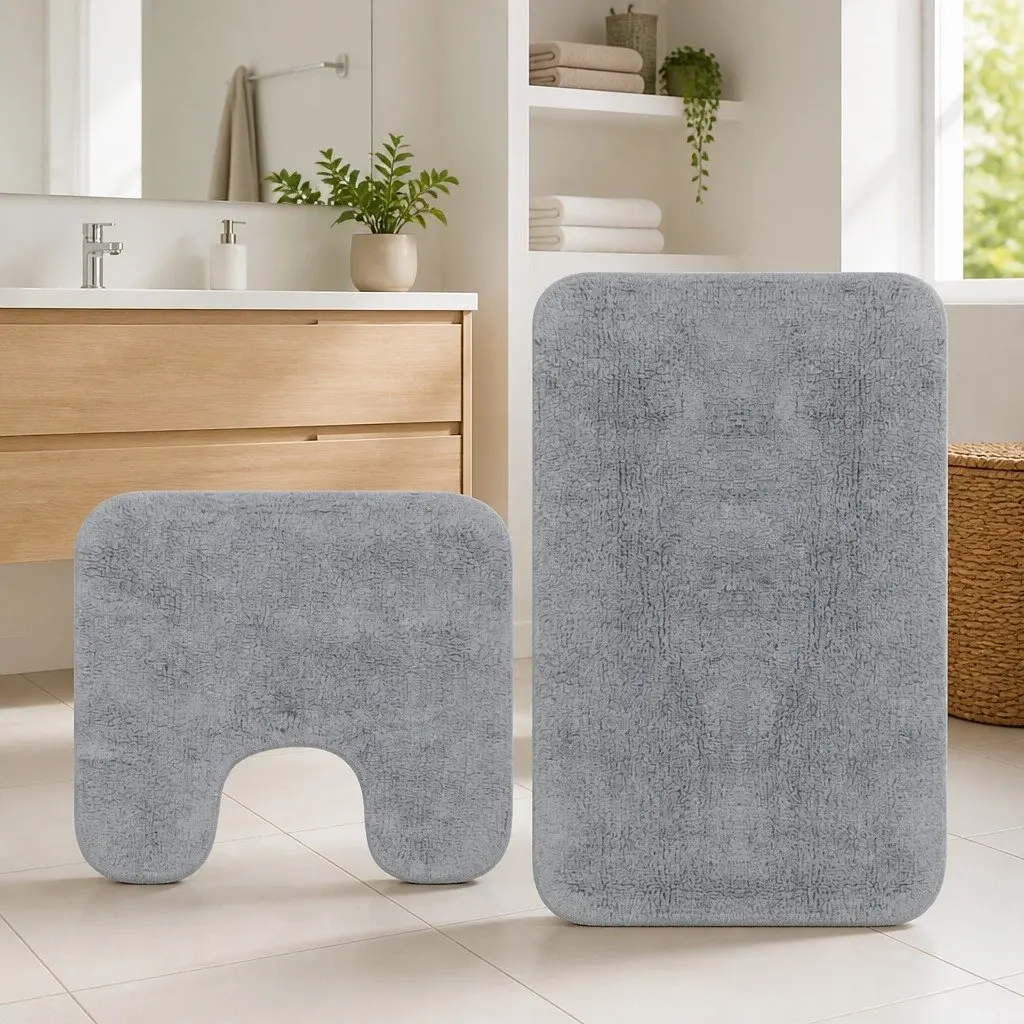 Bathroom Mat Set Cotton 2 Pieces Grey Non-Slip Water Absorbent Floor Rug