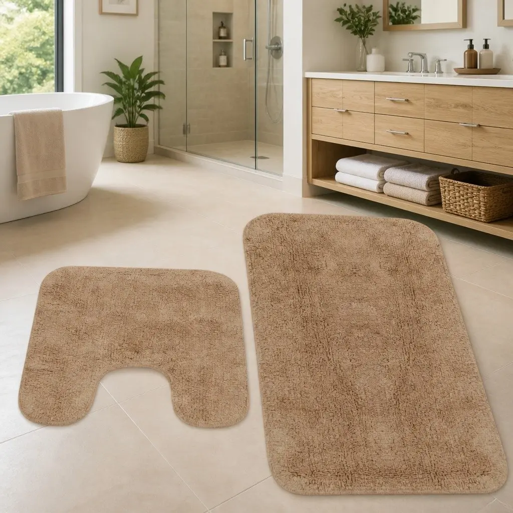 Bathroom Mat Set Cotton 2 Pieces Beige