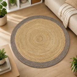 Handwoven Jute Area Rug with Grey Border 90cm Round