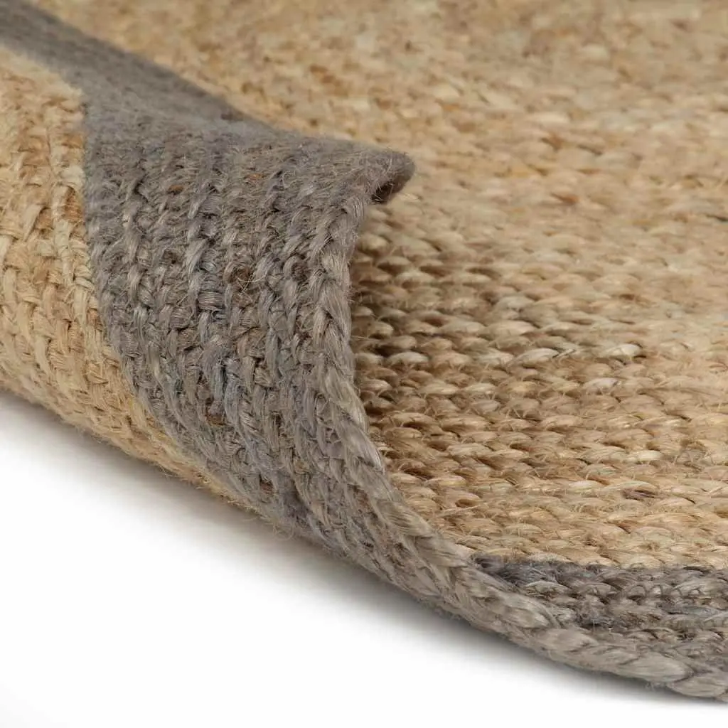 Handmade Jute Area Rug Grey Border Natural Braided Woven Carpet 90cm Round