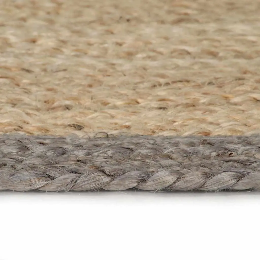 Handmade Jute Area Rug Grey Border Natural Braided Woven Carpet 90cm Round