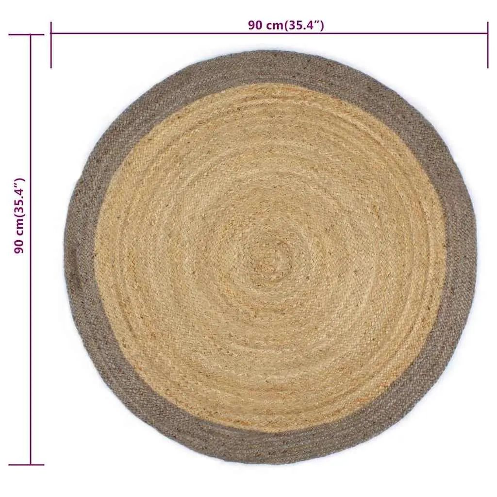 Handmade Jute Area Rug Grey Border Natural Braided Woven Carpet 90cm Round