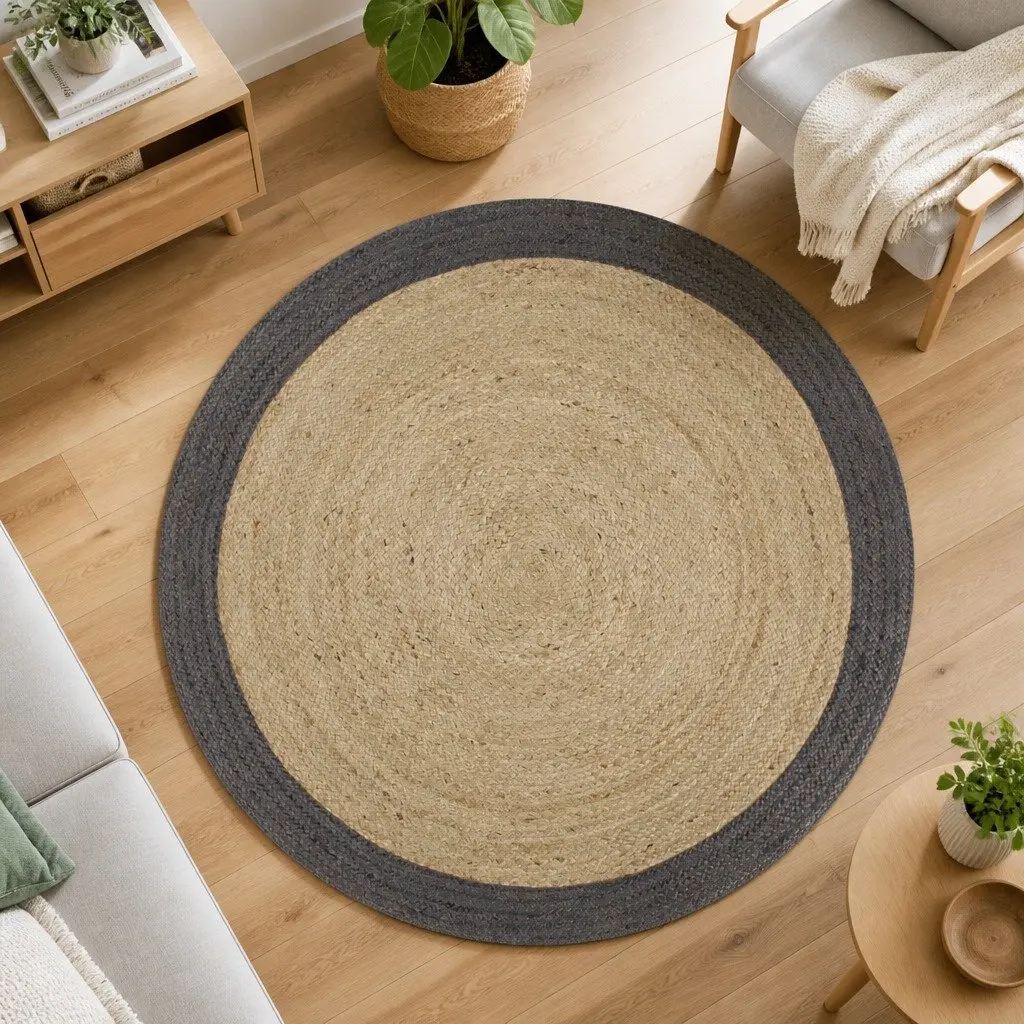 Natural Handmade Jute Area Rug with Grey Border