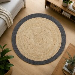 Round Braided Jute Area Rug with Dark Grey Border