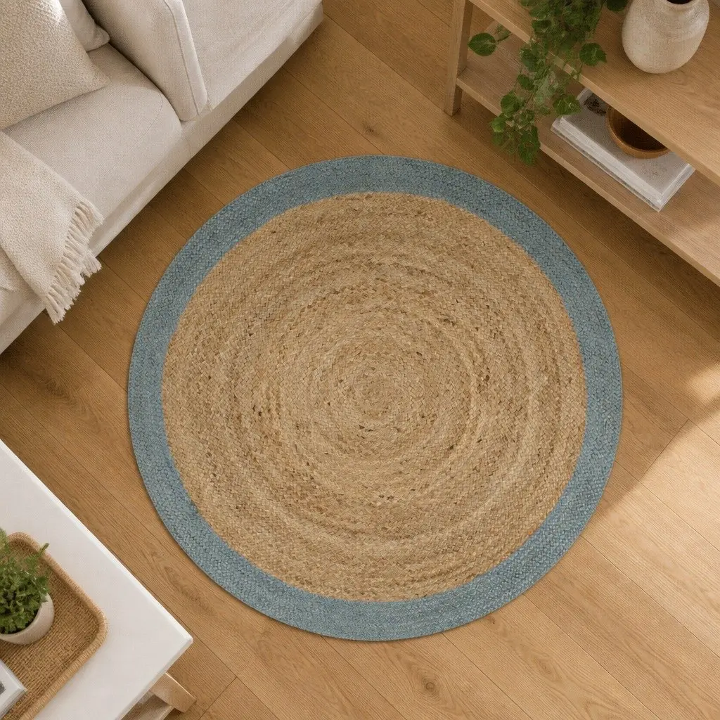 Natural Braided Jute Area Rug with Olive Green Border 90cm