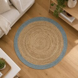 Natural Braided Jute Area Rug with Olive Green Border 90cm