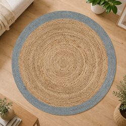 Handwoven Jute Area Rug with Olive Green Border Round Carpet