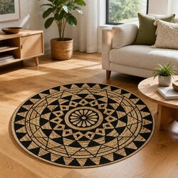 Black Floral Print Handmade Jute Area Rug 120cm Round