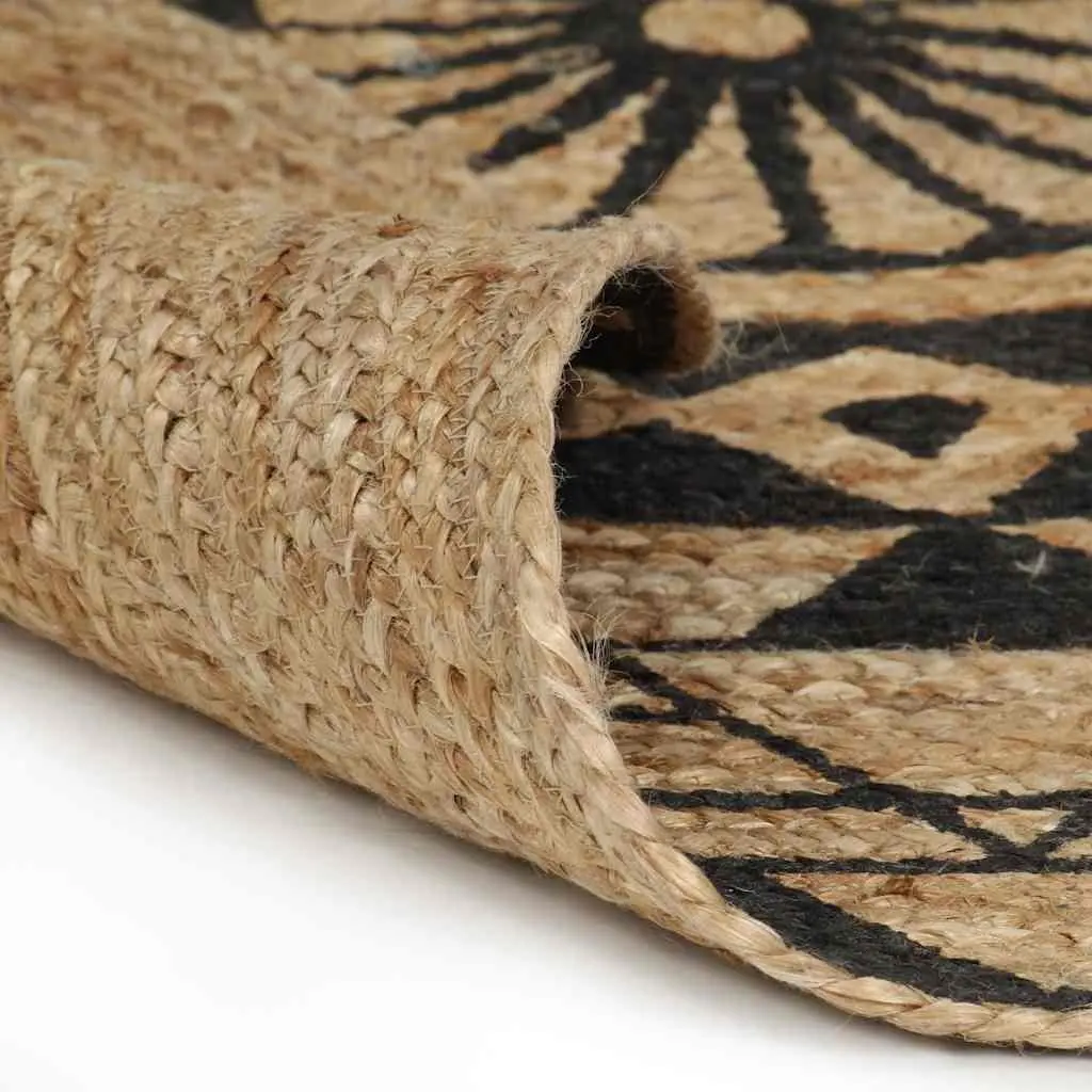 Black Floral Print Handmade Jute Area Rug 120cm Round