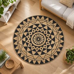 Durable Handwoven Jute Area Rug with Black Floral Design 150cm