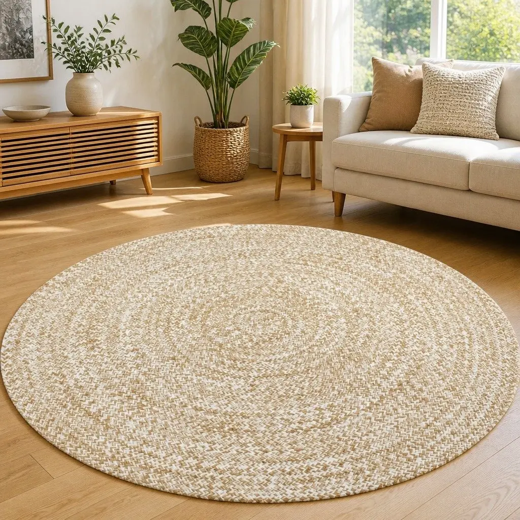 Handmade Braided Jute Area Rug White Natural 90cm Round Woven Home Decor