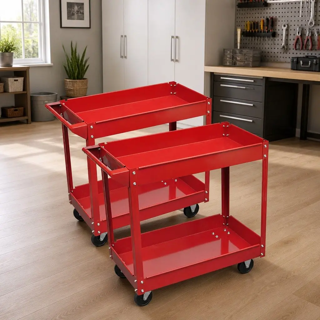 Red Workshop Tool Trolley with 2 Shelves and 100kg Capacity