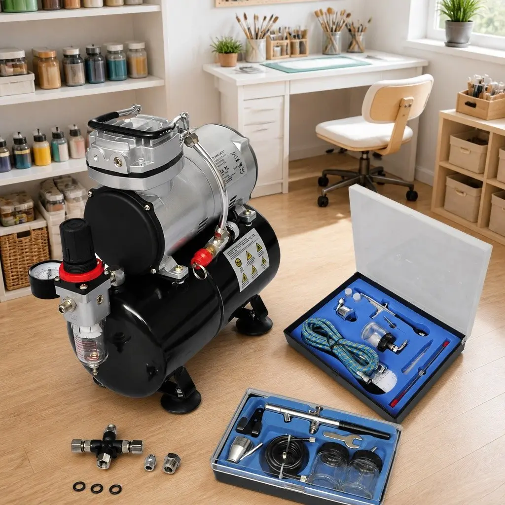 Airbrush Compressor Set Mini Piston Tank 2 Spray Guns