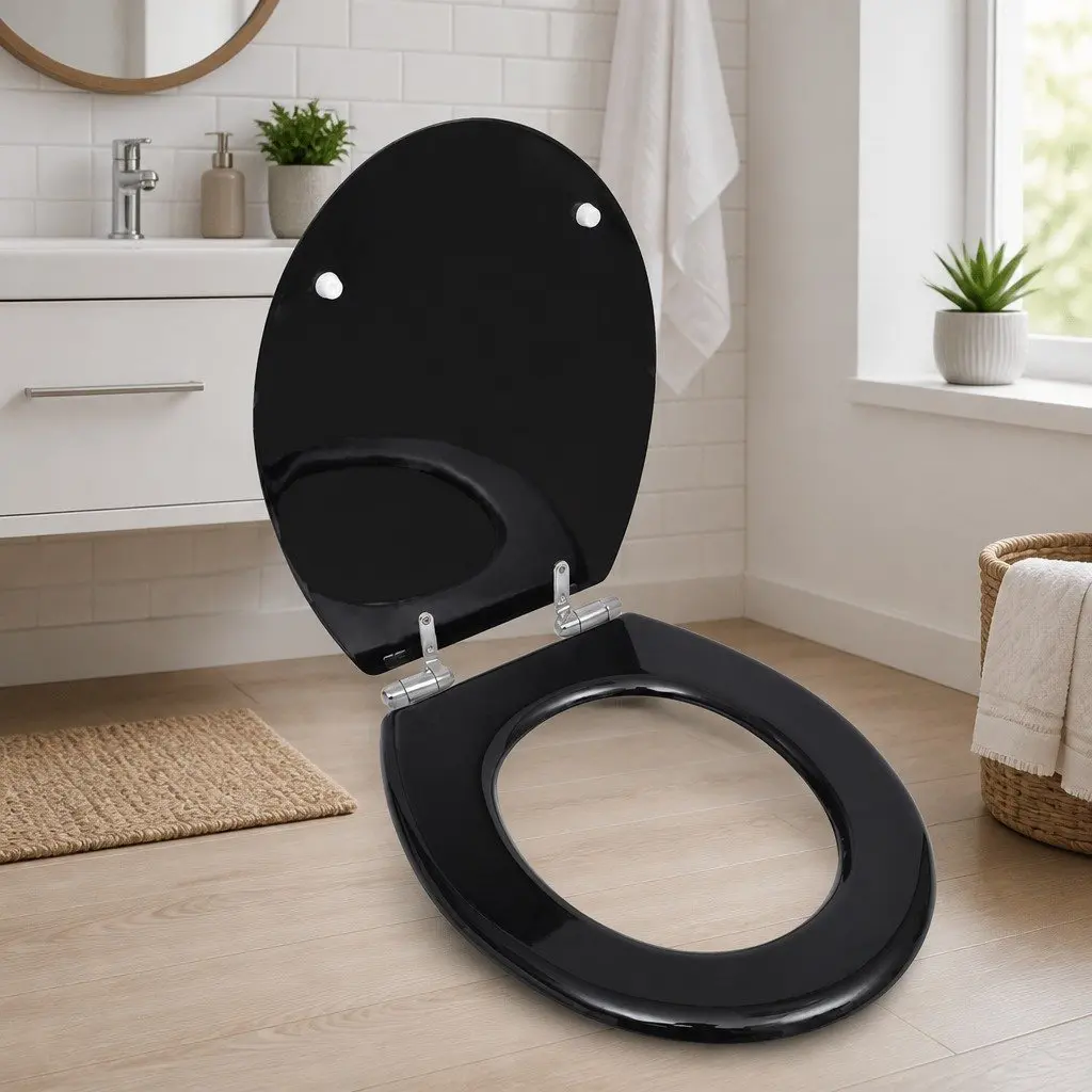 Black Toilet Seat with Soft Close and Adjustable Hinges