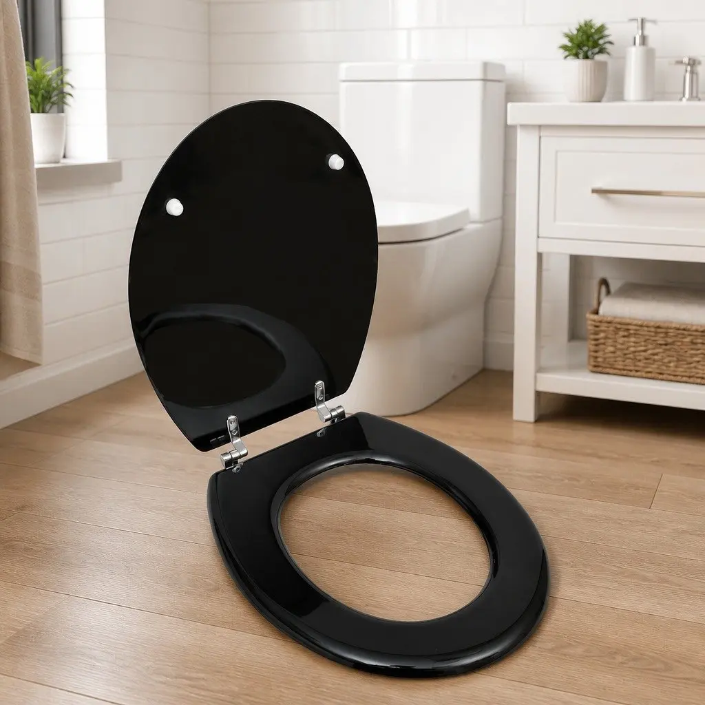 Universal Toilet Seat MDF Lid Black Chrome Hinges