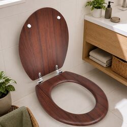 Durable Brown MDF Toilet Seat with Chrome Hinges