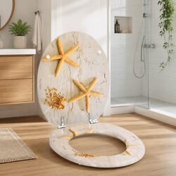 Toilet Seat MDF Lid Grey Starfish Design Bathroom Fixture Adjustable Hinges