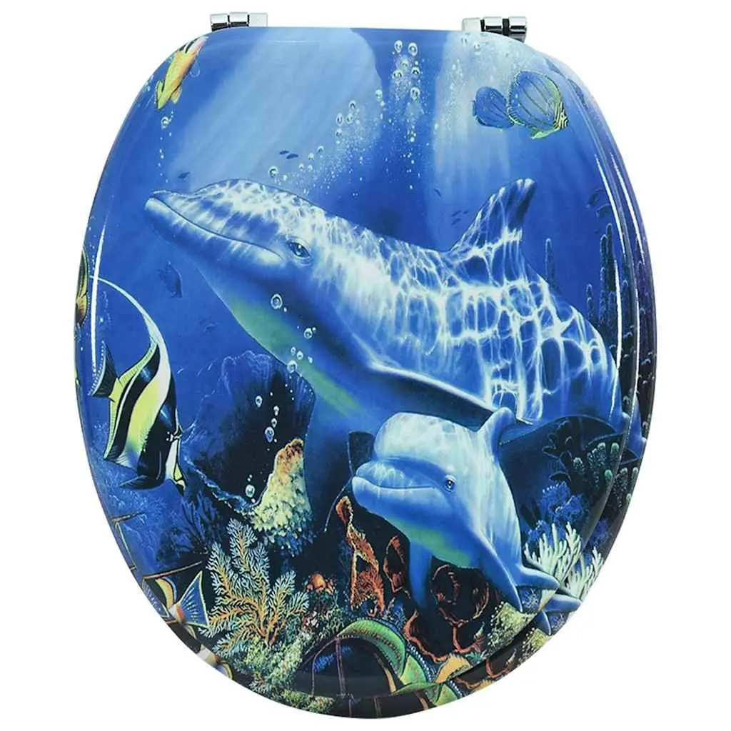 Toilet Seat with Lid Blue Dolphins Design MDF Adjustable Hinges Easy Install