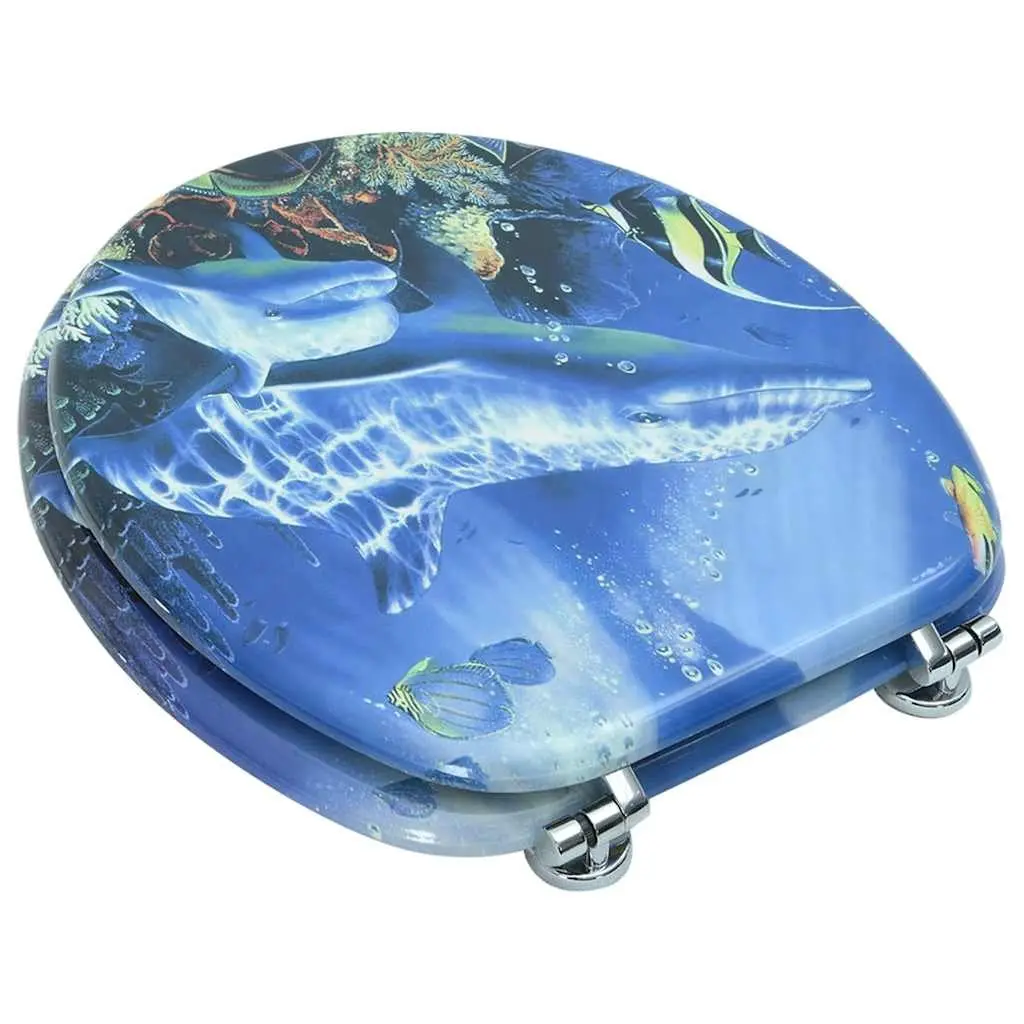 Toilet Seat with Lid Blue Dolphins Design MDF Adjustable Hinges Easy Install
