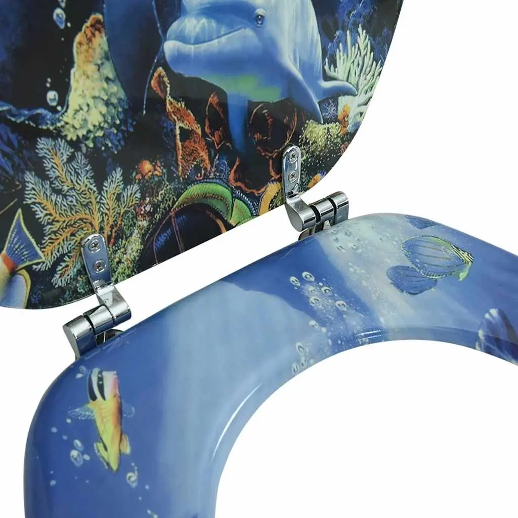 Toilet Seat with Lid Blue Dolphins Design MDF Adjustable Hinges Easy Install