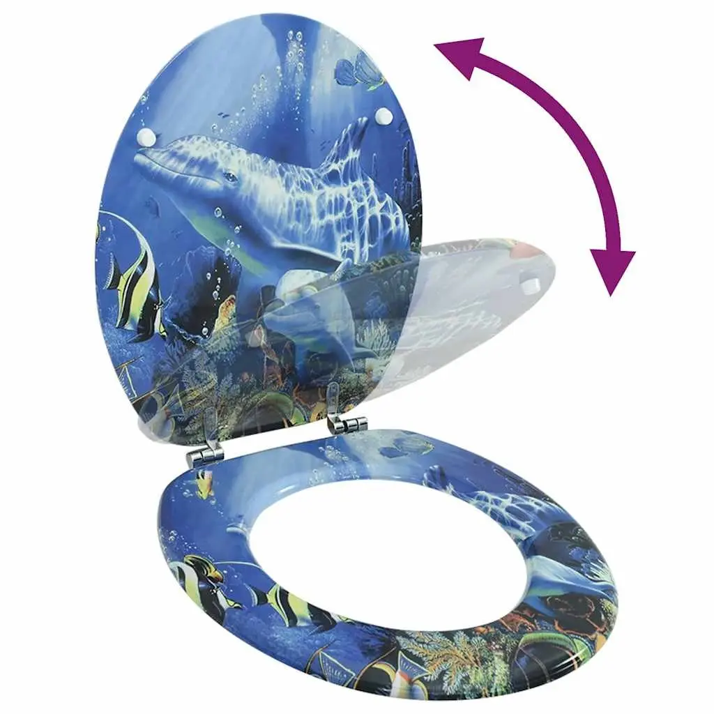 Toilet Seat with Lid Blue Dolphins Design MDF Adjustable Hinges Easy Install