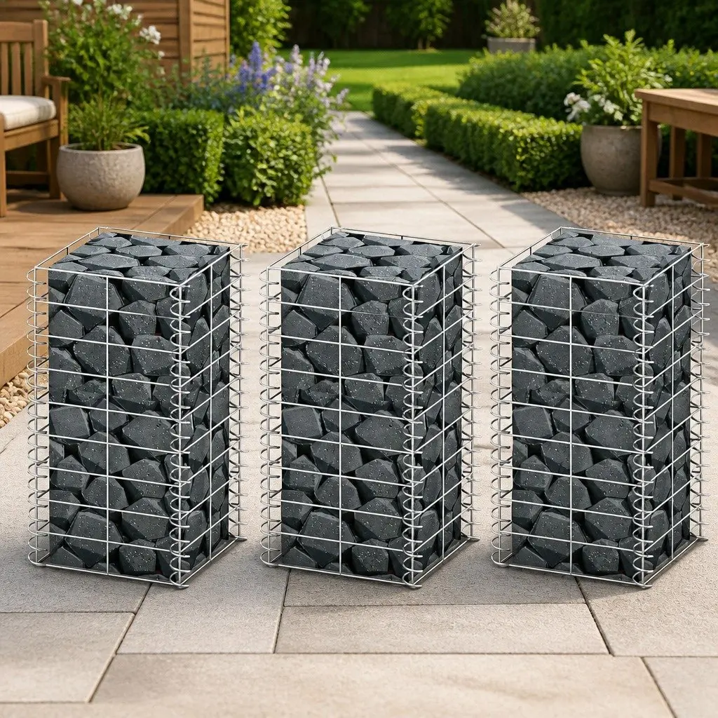 Gabion Basket Set 3 pcs Wire Mesh Retaining Wall Garden Fencing Landscape