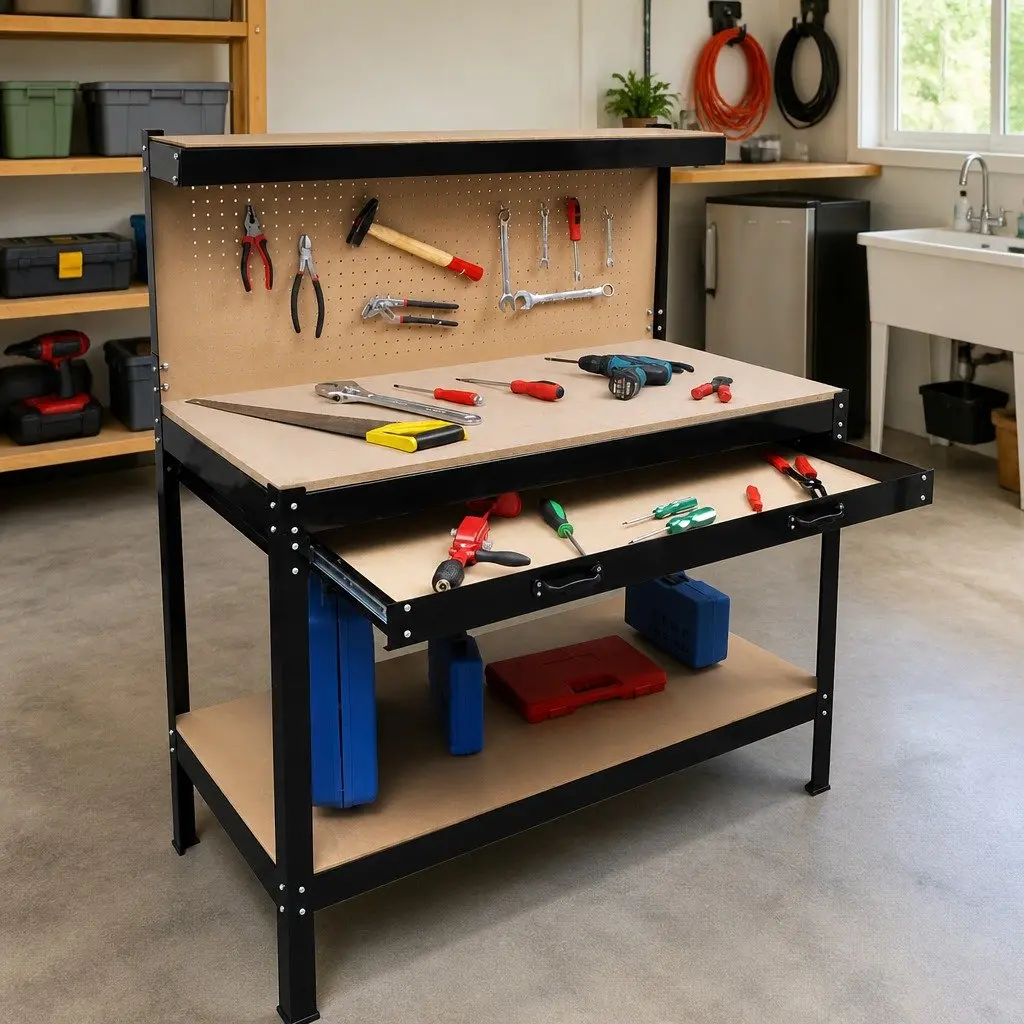 Brown Steel Workbench with Pegboard Hooks and Storage
