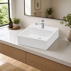 Ceramic Bathroom Basin White Square Wash Sink with Faucet Hole Modern Design