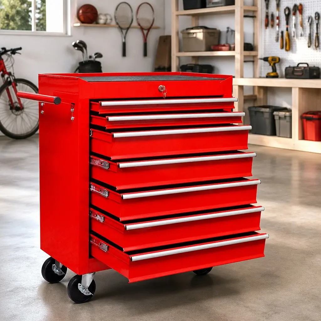 Red Tool Trolley with 7 Locking Sliding Drawers