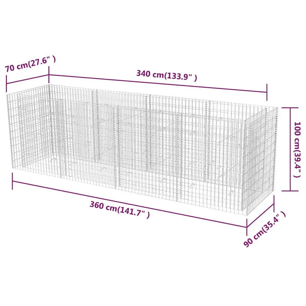 Steel Galvanised Gabion Raised Bed Planter 360x90x100 cm