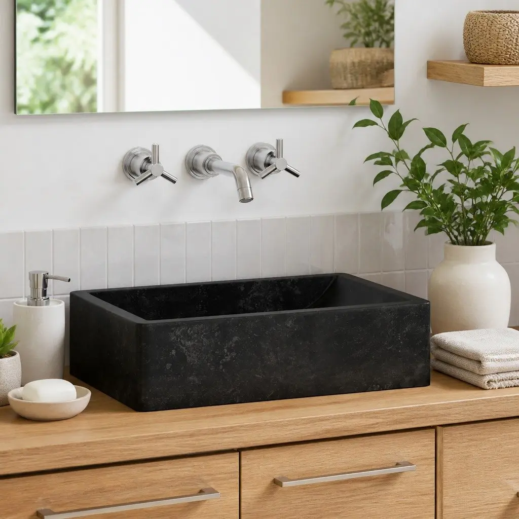 Handmade Black High Gloss Marble River Stone Sink 45x30x12 cm