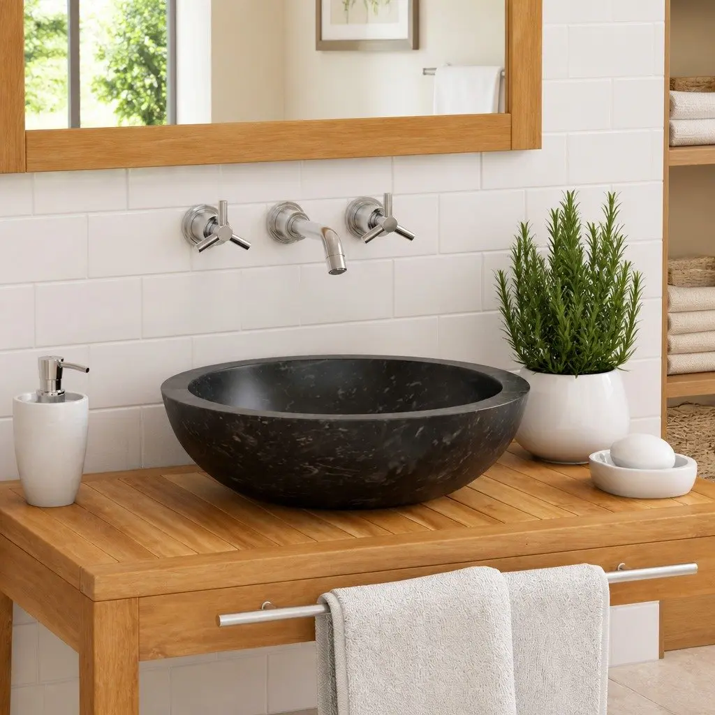 Black Natural River Stone Bathroom Basin Sink 40x12 cm