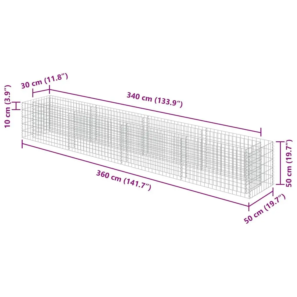 Gabion Raised Bed Garden Planter Silver Steel Flower Border Patio 360x50x50cm