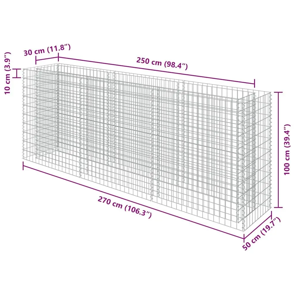 Gabion Raised Garden Bed Galvanised Steel 270x50x100cm Silver Planter Border