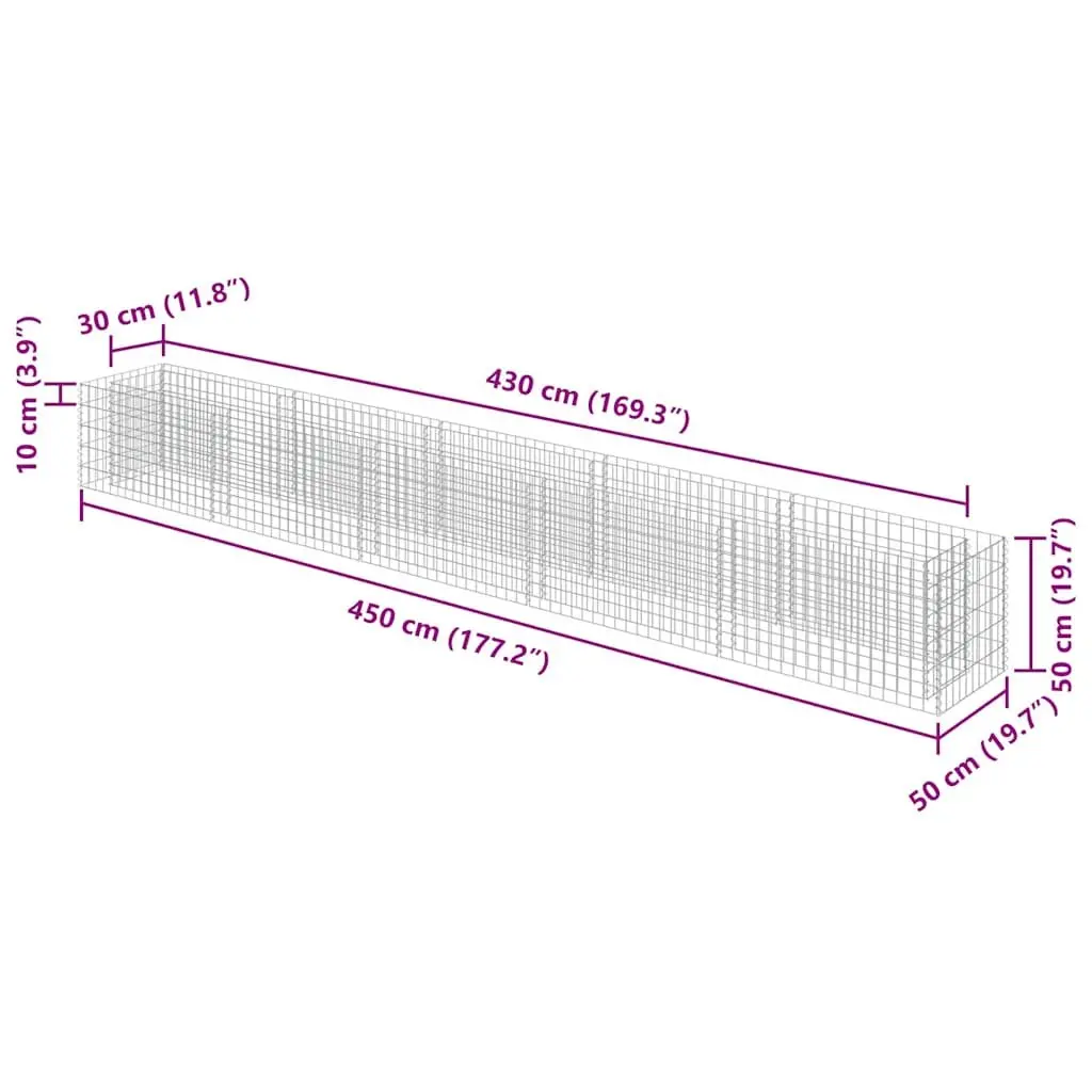 Raised Bed Gabion Planter Galvanised Steel 450x50x50 cm Silver Weather Resistant Garden Box