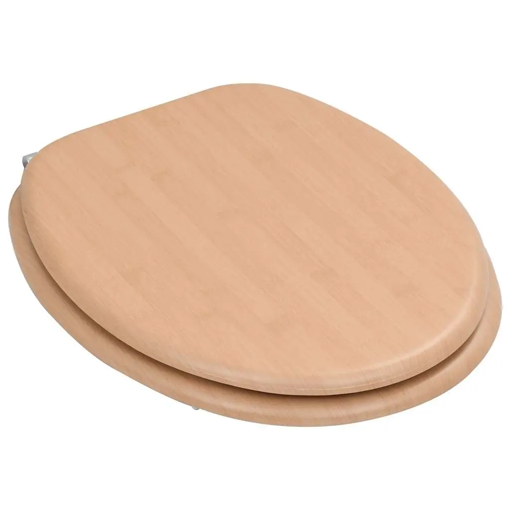 Toilet Seat with Lid Brown Bamboo Design MDF Durable Bathroom Fixture Easy